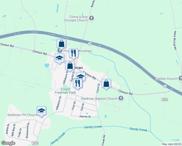 map of restaurants, bars, coffee shops, grocery stores, and more near 7551 Clinton Road in Stedman