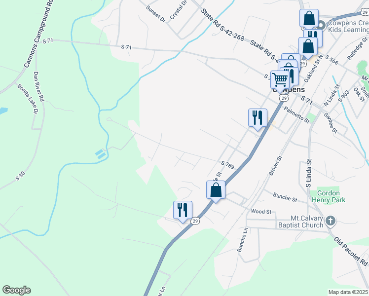 map of restaurants, bars, coffee shops, grocery stores, and more near 164 South 789 in Cowpens