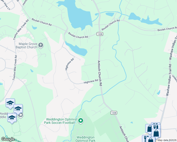 map of restaurants, bars, coffee shops, grocery stores, and more near 126 Valley Ranch Lane in Matthews