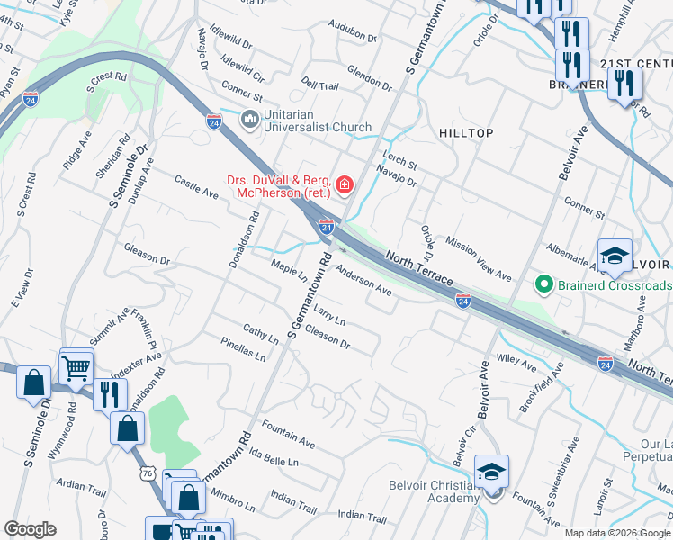 map of restaurants, bars, coffee shops, grocery stores, and more near 518 South Germantown Road in Chattanooga