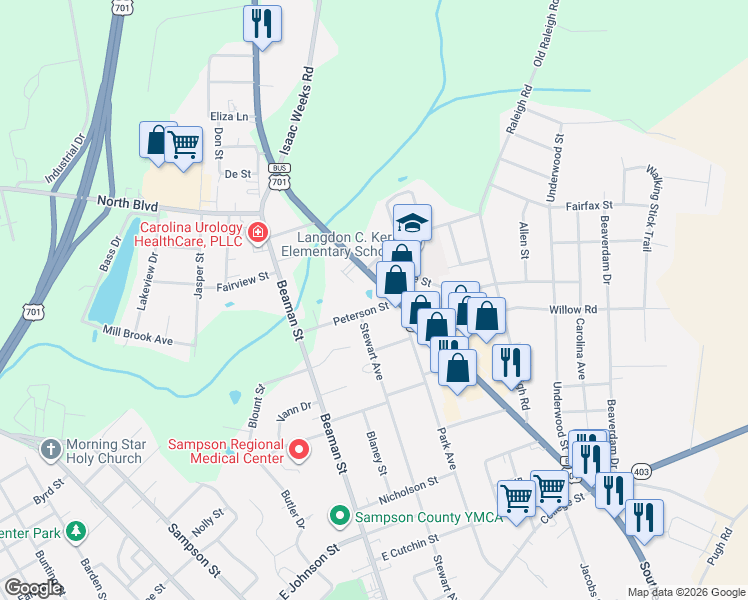 map of restaurants, bars, coffee shops, grocery stores, and more near 707 Peterson Street in Clinton