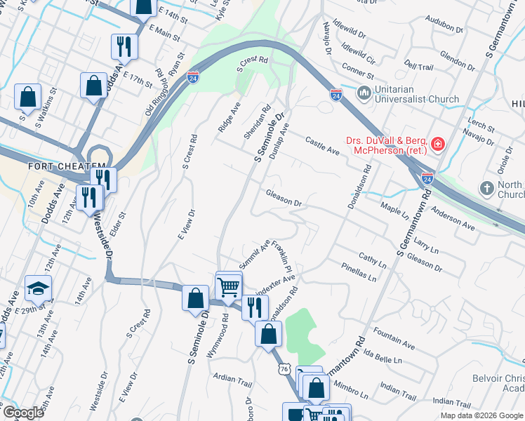 map of restaurants, bars, coffee shops, grocery stores, and more near 708 Summitt Avenue in East Ridge