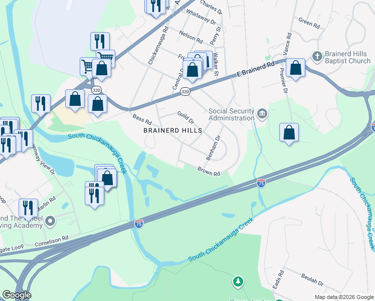 map of restaurants, bars, coffee shops, grocery stores, and more near 315 Bass Road in Chattanooga