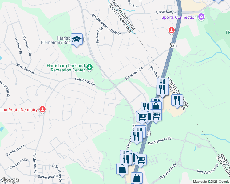 map of restaurants, bars, coffee shops, grocery stores, and more near 10055 Harrisburg Road in Fort Mill