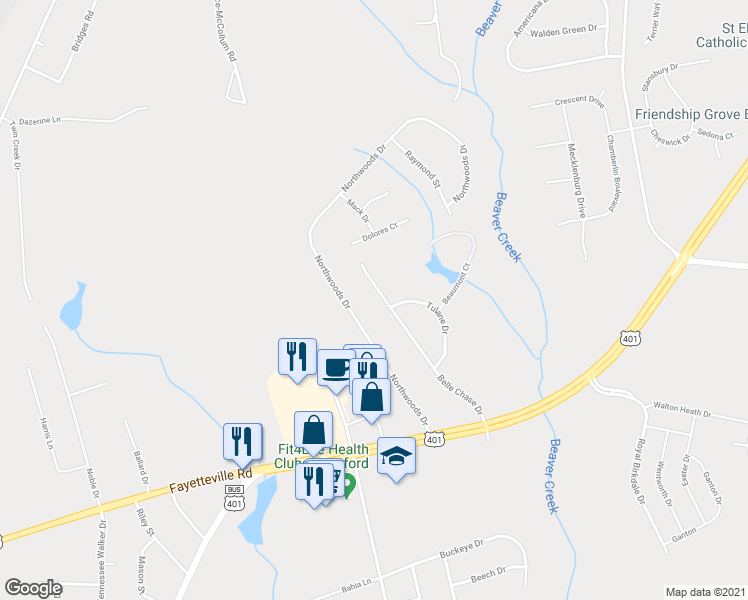 map of restaurants, bars, coffee shops, grocery stores, and more near 251 Belle Chase Drive in Raeford