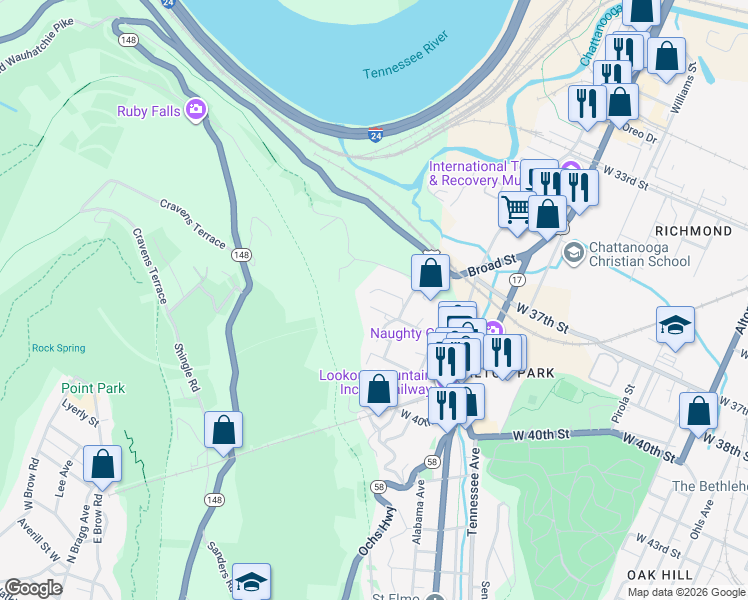 map of restaurants, bars, coffee shops, grocery stores, and more near 1815 West 38th Street in Chattanooga