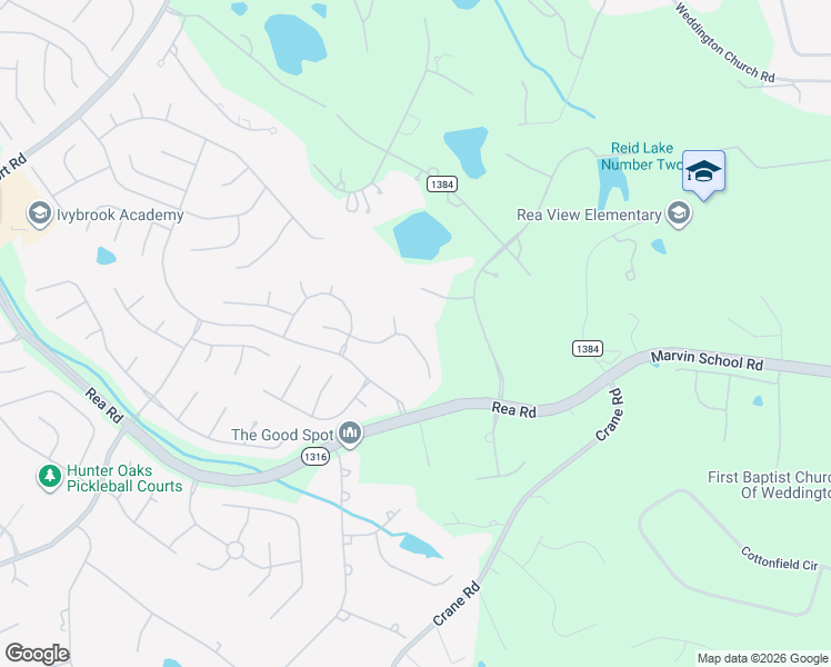 map of restaurants, bars, coffee shops, grocery stores, and more near 1203 Glynwater Lane in Waxhaw