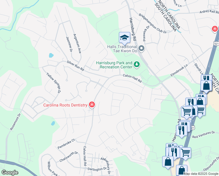 map of restaurants, bars, coffee shops, grocery stores, and more near 7095 Bareland Road in Indian Land