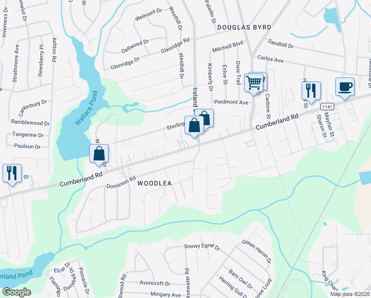 map of restaurants, bars, coffee shops, grocery stores, and more near Cumberland Road in Fayetteville