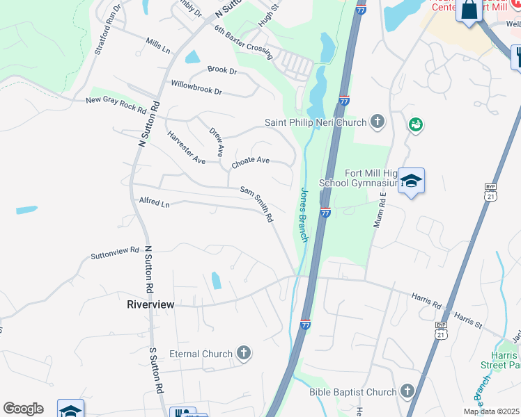 map of restaurants, bars, coffee shops, grocery stores, and more near 1645 Sam Smith Road in Fort Mill