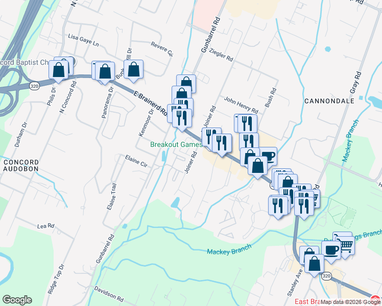 map of restaurants, bars, coffee shops, grocery stores, and more near 1327 Joiner Road in Chattanooga