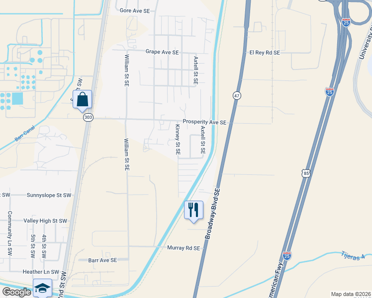 map of restaurants, bars, coffee shops, grocery stores, and more near 4616 Clay Street Southeast in Albuquerque