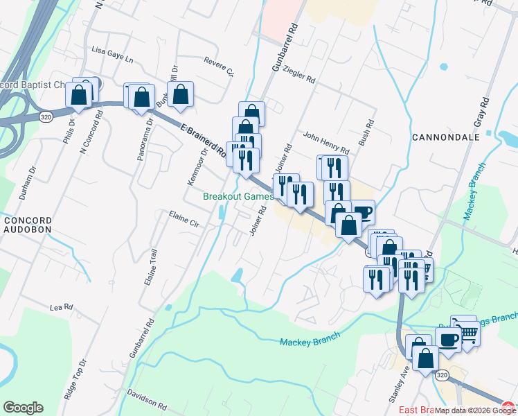 map of restaurants, bars, coffee shops, grocery stores, and more near 1327 Joiner Road in Chattanooga