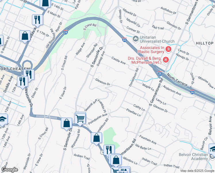 map of restaurants, bars, coffee shops, grocery stores, and more near 3222 Gleason Drive in Chattanooga