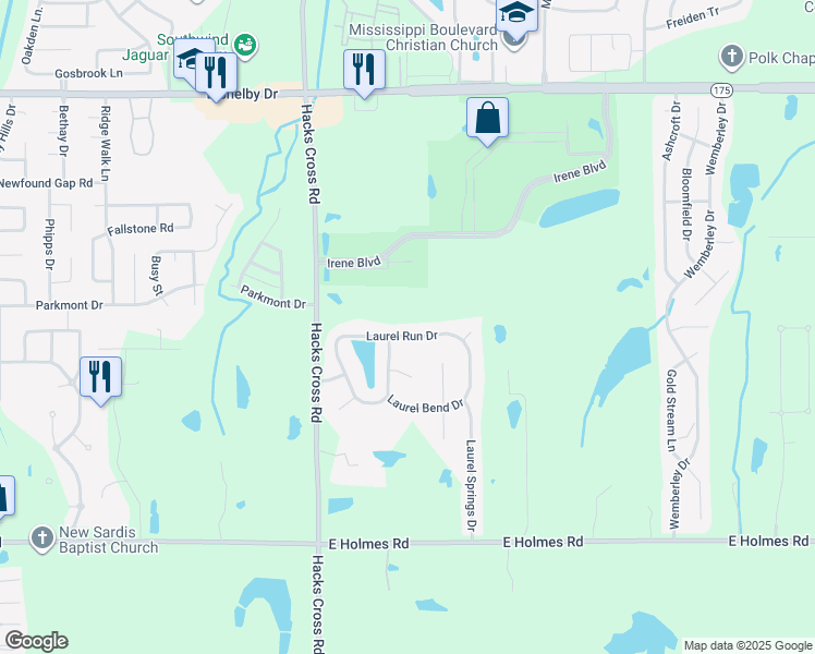 map of restaurants, bars, coffee shops, grocery stores, and more near 8140 Laurel Run Drive in Memphis