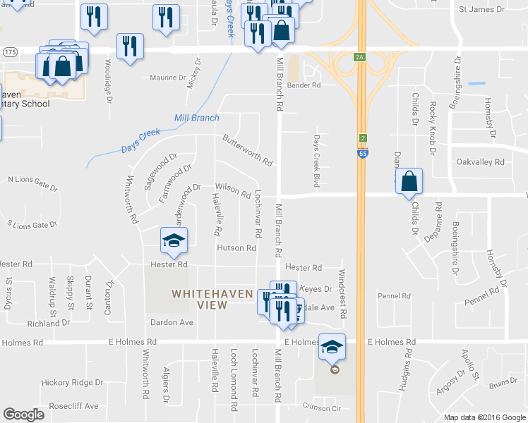 map of restaurants, bars, coffee shops, grocery stores, and more near 4969 Lochinvar Road in Memphis