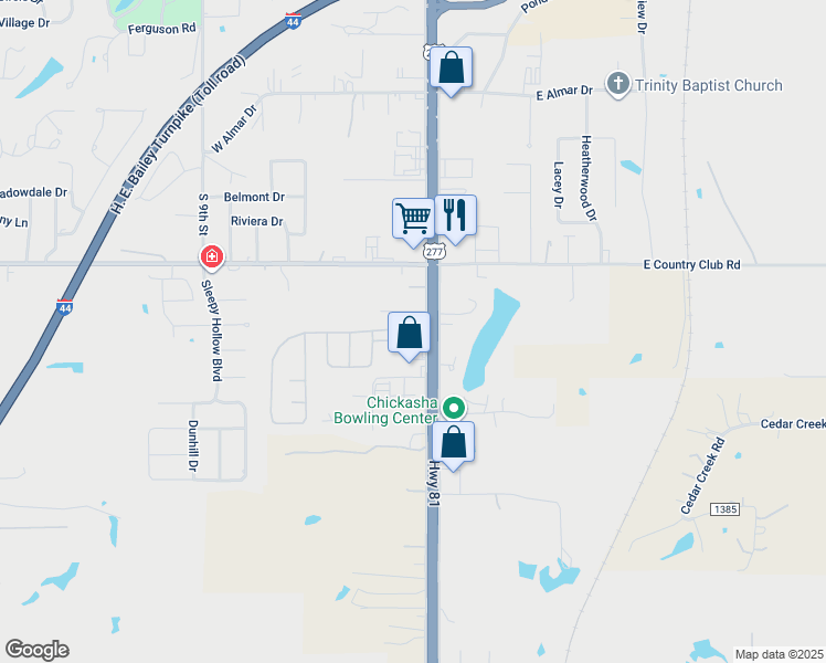 map of restaurants, bars, coffee shops, grocery stores, and more near 3318 South 4th Street in Chickasha
