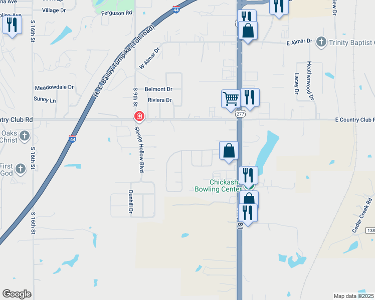 map of restaurants, bars, coffee shops, grocery stores, and more near 72-82 Parkway Drive in Chickasha