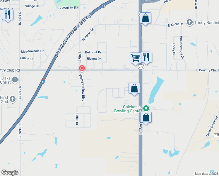 map of restaurants, bars, coffee shops, grocery stores, and more near 72-82 Parkway Drive in Chickasha