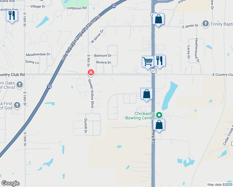 map of restaurants, bars, coffee shops, grocery stores, and more near 72-82 Parkway Drive in Chickasha