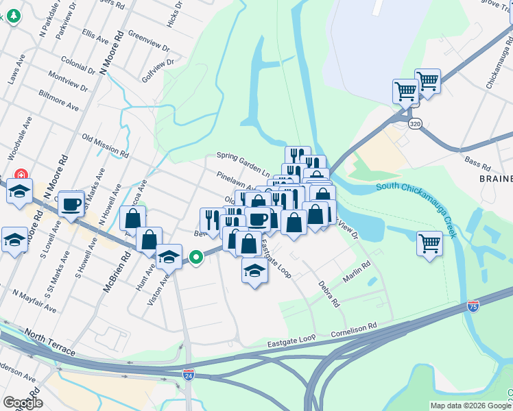 map of restaurants, bars, coffee shops, grocery stores, and more near 5613 Old Mission Road in Chattanooga