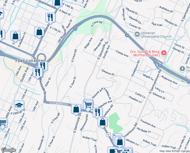 map of restaurants, bars, coffee shops, grocery stores, and more near 715 Dunlap Avenue in Chattanooga