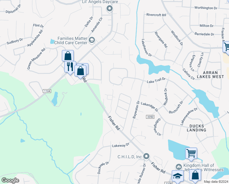 map of restaurants, bars, coffee shops, grocery stores, and more near 2513 Gardner Park Drive in Fayetteville