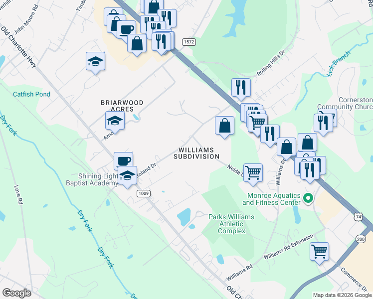 map of restaurants, bars, coffee shops, grocery stores, and more near 2340 Roland Drive in Monroe
