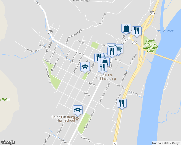 map of restaurants, bars, coffee shops, grocery stores, and more near 301 Holly Avenue in South Pittsburg