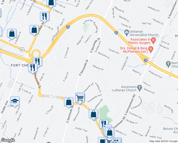 map of restaurants, bars, coffee shops, grocery stores, and more near 706 Dunlap Avenue in Chattanooga
