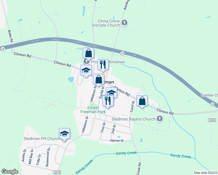 map of restaurants, bars, coffee shops, grocery stores, and more near 7486 Clinton Road in Stedman