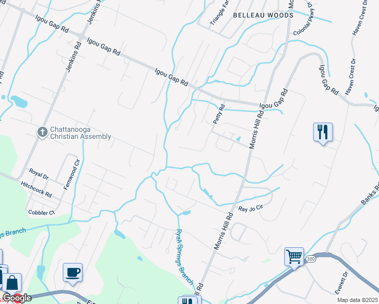 map of restaurants, bars, coffee shops, grocery stores, and more near 1578 Southernwood Drive in Chattanooga