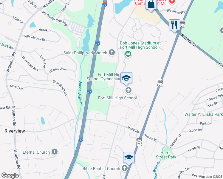 map of restaurants, bars, coffee shops, grocery stores, and more near 1425 Westside Drive in Fort Mill