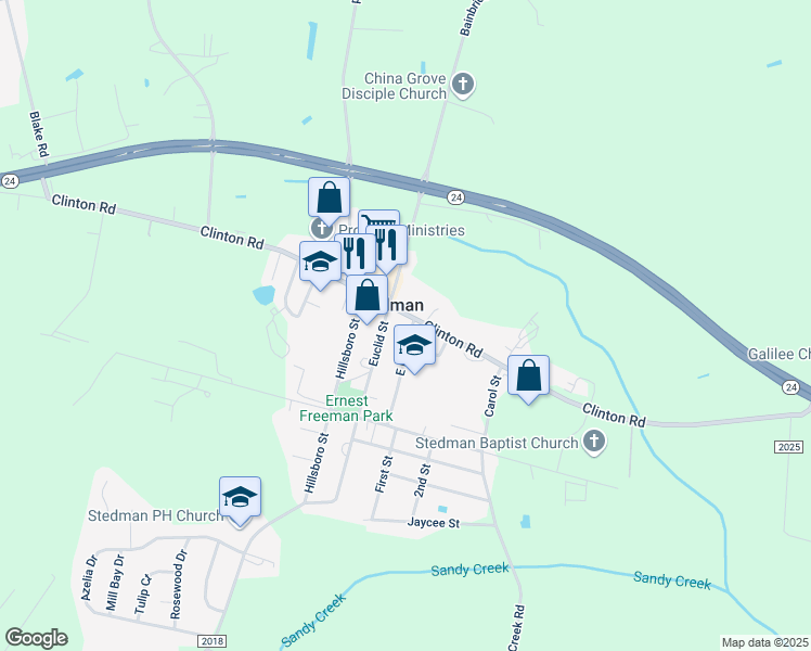map of restaurants, bars, coffee shops, grocery stores, and more near 7486 Clinton Road in Stedman