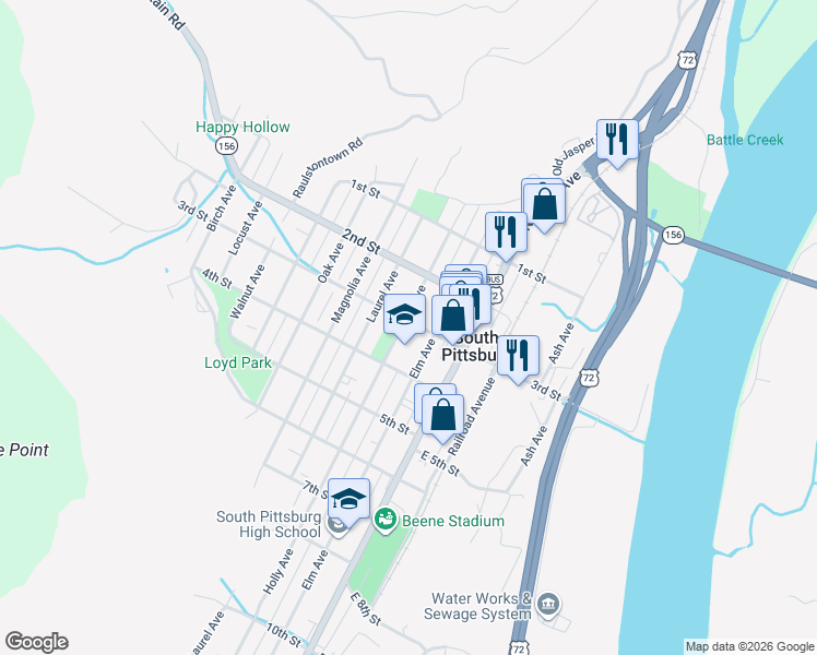 map of restaurants, bars, coffee shops, grocery stores, and more near 301 Holly Avenue in South Pittsburg