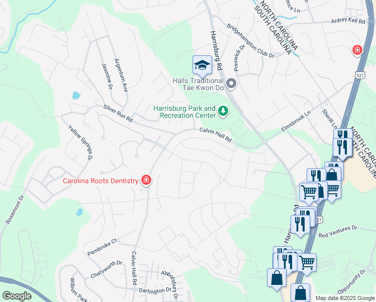 map of restaurants, bars, coffee shops, grocery stores, and more near 7095 Bareland Road in Indian Land