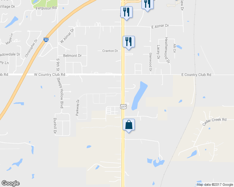 map of restaurants, bars, coffee shops, grocery stores, and more near 1 Parkway Drive in Chickasha