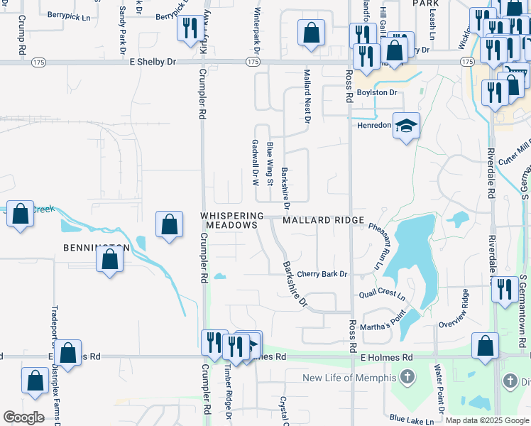 map of restaurants, bars, coffee shops, grocery stores, and more near 6546 Lake Valley Drive in Memphis
