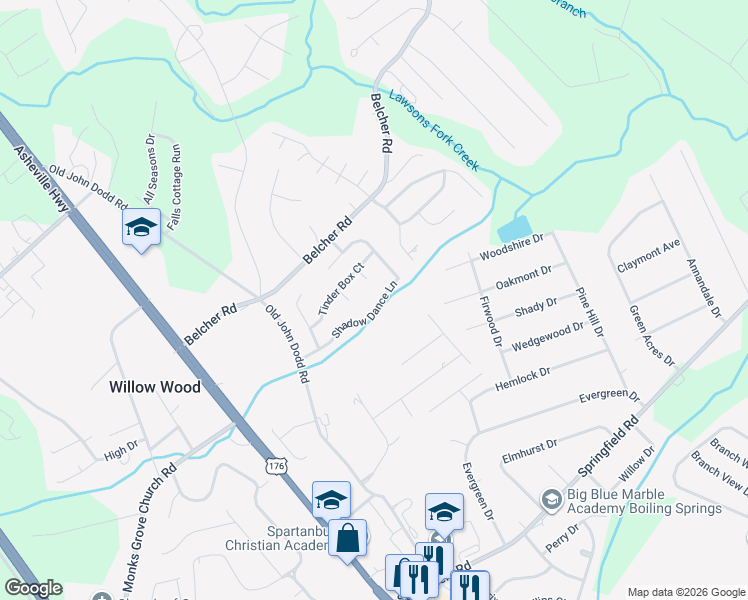 map of restaurants, bars, coffee shops, grocery stores, and more near 704 Shadow Dance Lane in Boiling Springs