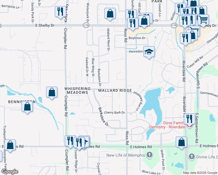 map of restaurants, bars, coffee shops, grocery stores, and more near 6624 Lake Valley Drive in Memphis