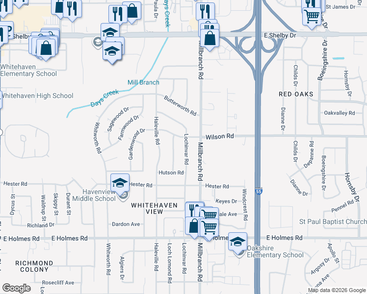 map of restaurants, bars, coffee shops, grocery stores, and more near 4969 Lochinvar Road in Memphis