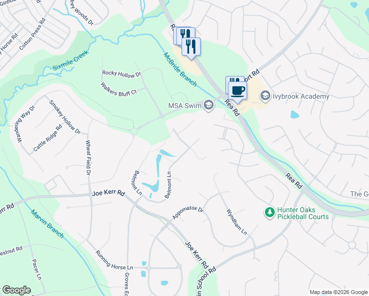 map of restaurants, bars, coffee shops, grocery stores, and more near 416 Streamside Lane in Waxhaw