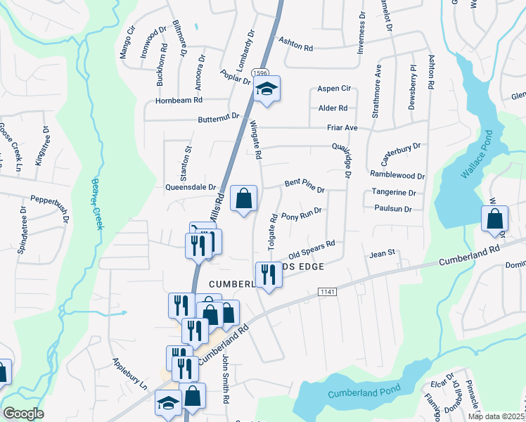 map of restaurants, bars, coffee shops, grocery stores, and more near 2217 Wingate Road in Fayetteville