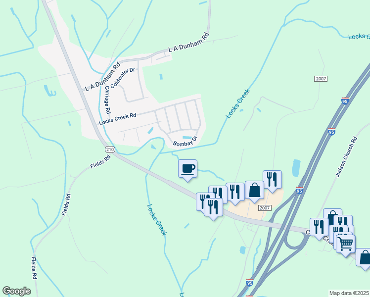 map of restaurants, bars, coffee shops, grocery stores, and more near 1209 Bombay Drive in Fayetteville