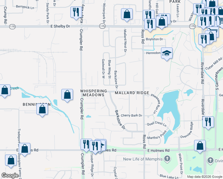 map of restaurants, bars, coffee shops, grocery stores, and more near 4965 Barkshire Drive in Memphis