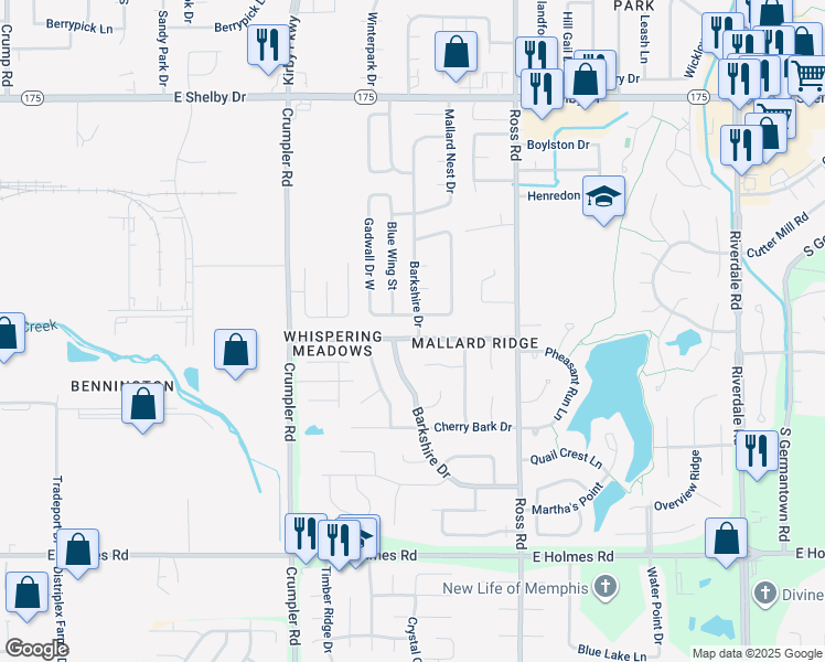map of restaurants, bars, coffee shops, grocery stores, and more near 4965 Barkshire Drive in Memphis