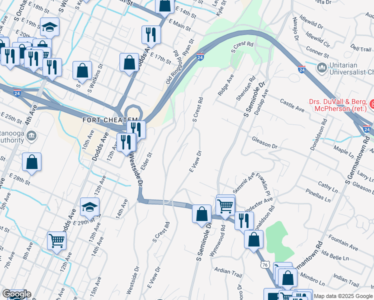 map of restaurants, bars, coffee shops, grocery stores, and more near 282 South Crest Drive in Chattanooga