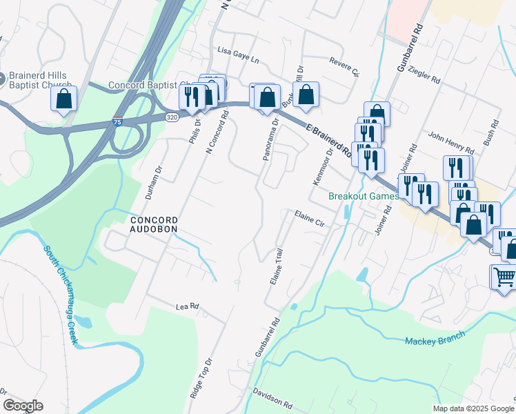 map of restaurants, bars, coffee shops, grocery stores, and more near 1111 Panorama Drive in Chattanooga