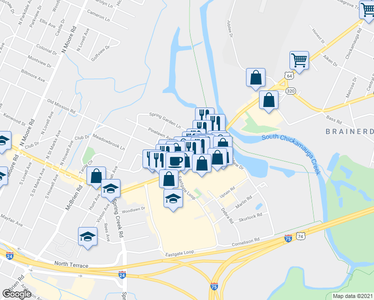 map of restaurants, bars, coffee shops, grocery stores, and more near 206 Maplewood in Chattanooga