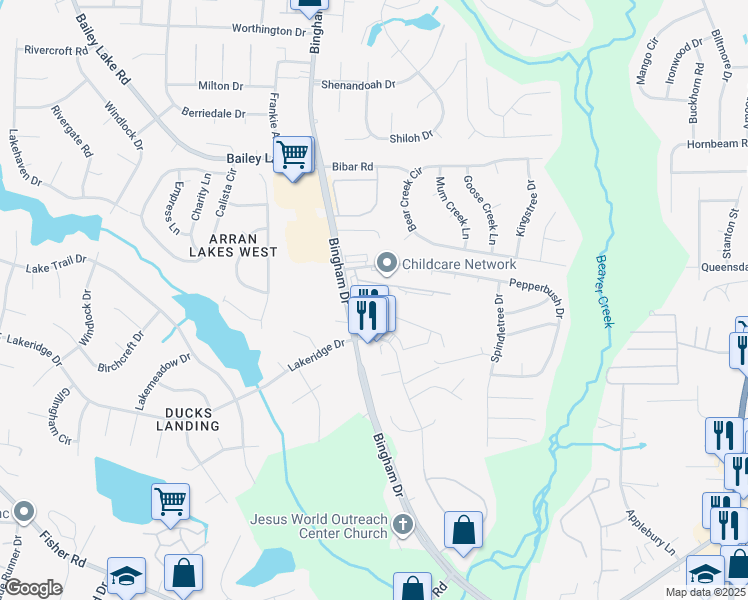 map of restaurants, bars, coffee shops, grocery stores, and more near 5760 Creek Meadows Place in Fayetteville
